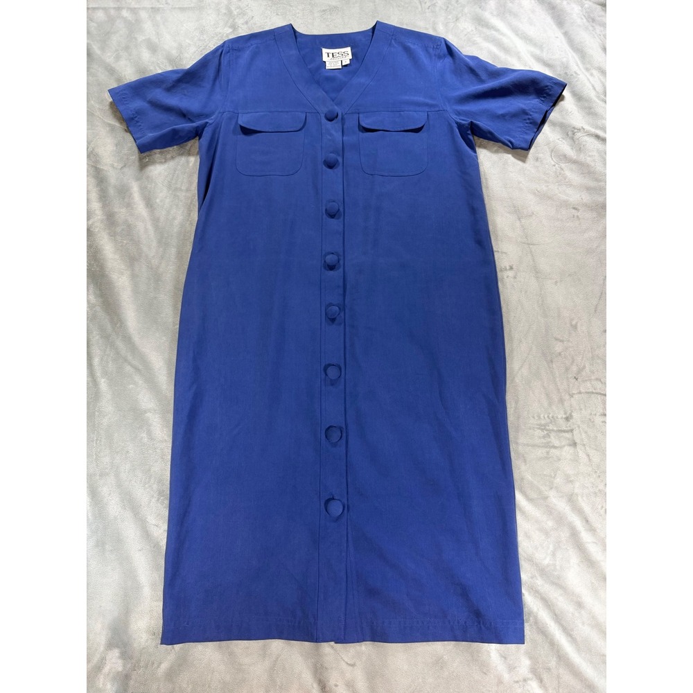 Vintage TESS 100% Silk Blue Coastal Grandma Dress Size 8 Full Button Up Minimal